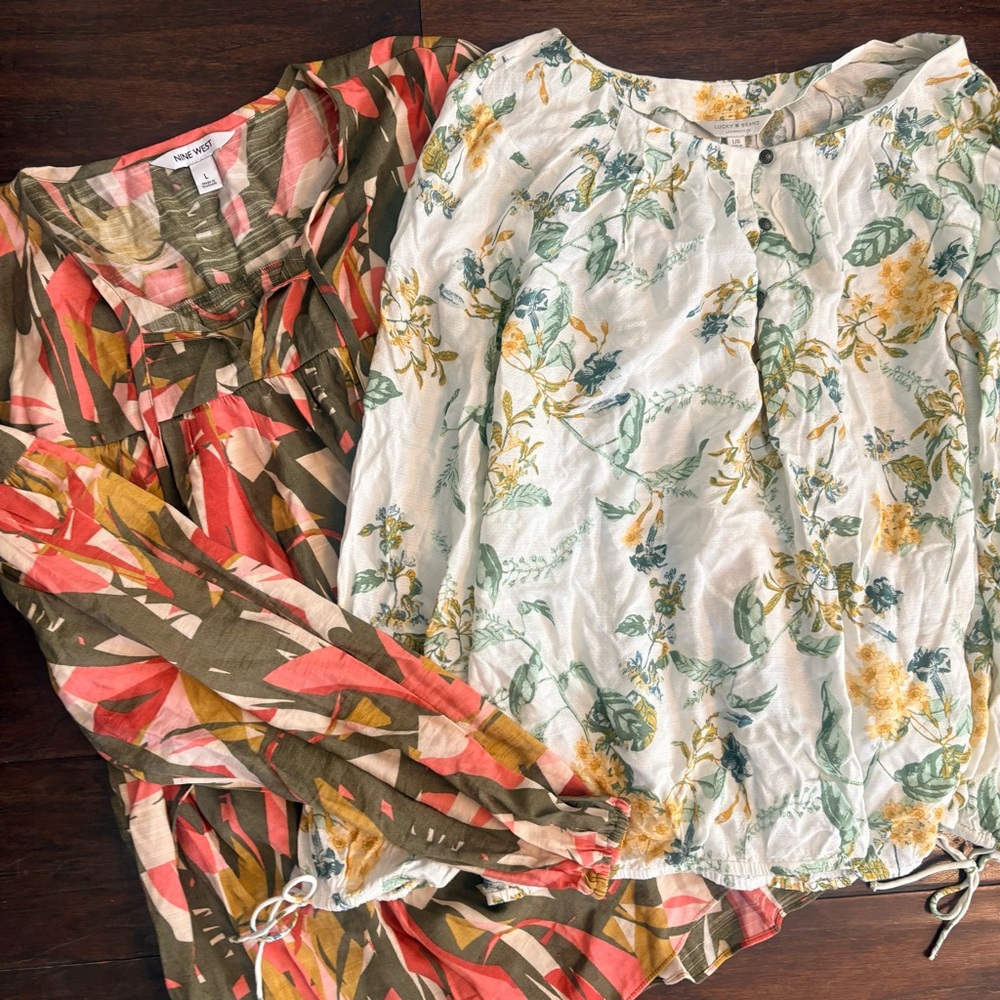 Nine West Colorful & Lucky Brand White Blouse with Yellow Floral & Green Leaves
